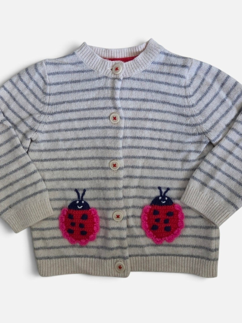 Baby Boden Grey Striped Cardigan with Red And Pink Ladybug Appliques 6-12M